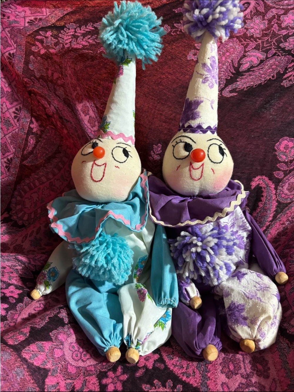 Vintage handmade shelf sitter cloth clown dolls